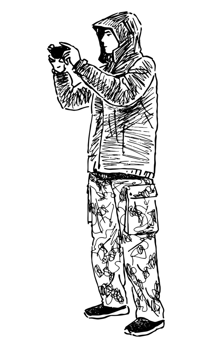 Boceto de un joven con chaqueta con capucha tomando una foto en un teléfono inteligente dibujo a mano alzada en blanco y negro