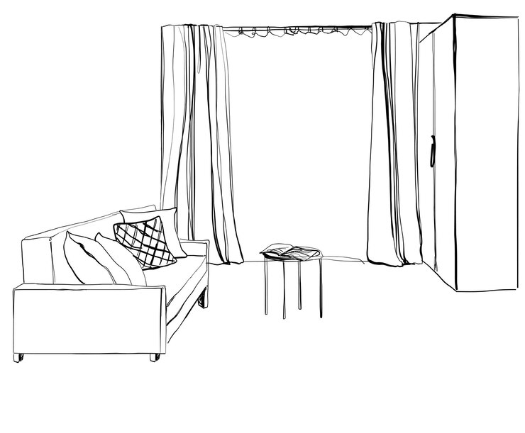 Boceto de línea de la sala de estar interior Muebles de ventana de sofá