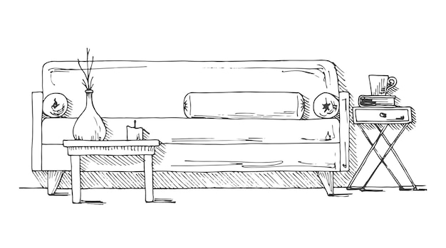 Boceto lineal de un interior Ilustración vectorial dibujada a mano de un estilo de boceto