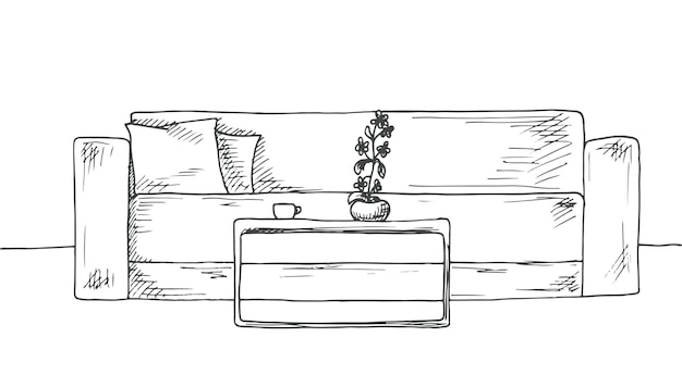 Boceto lineal de un interior. Plano de la habitación. Ilustración de vector dibujado a mano de un estilo de dibujo.