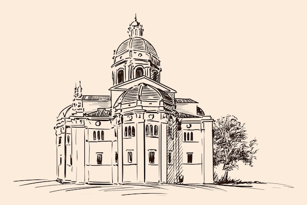 Vector boceto de mano aislado en beige. antigua iglesia de estilo europeo clásico.