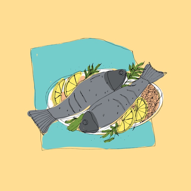 Boceto a mano alzada de un par de pescado a la parrilla o asado servido con arroz y rodajas de limón en el plato. Dibujo colorido de saludable, apetitoso y delicioso plato de restaurante de mariscos. ilustración.