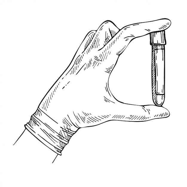 Boceto a mano con guante de látex sosteniendo un tubo de ensayo con el análisis. Muestra de sangre para infección por coronavirus