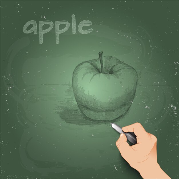 Vector boceto de manzana hecho con tiza en una pizarra a mano 3d