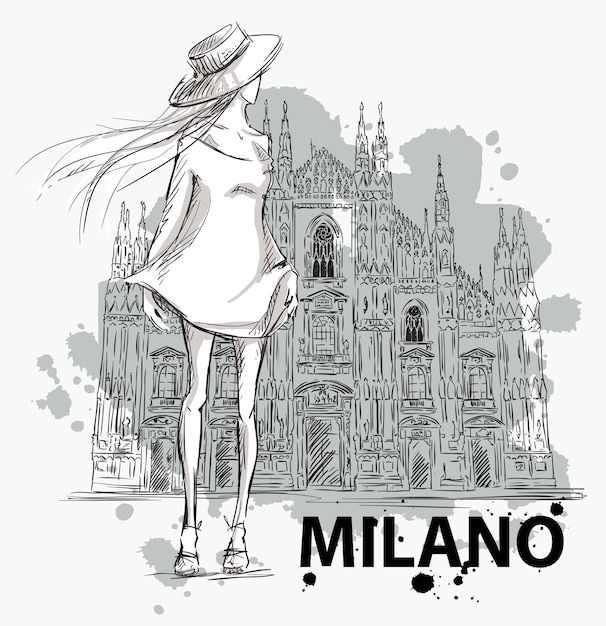 Boceto de moda. chica con milano duomo en ilustración de línea de vector de fondo