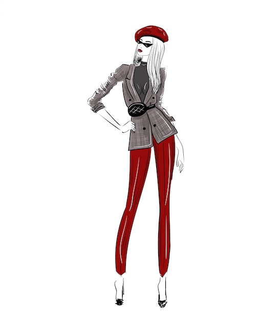 Boceto de moda de figura de mujer en boina roja