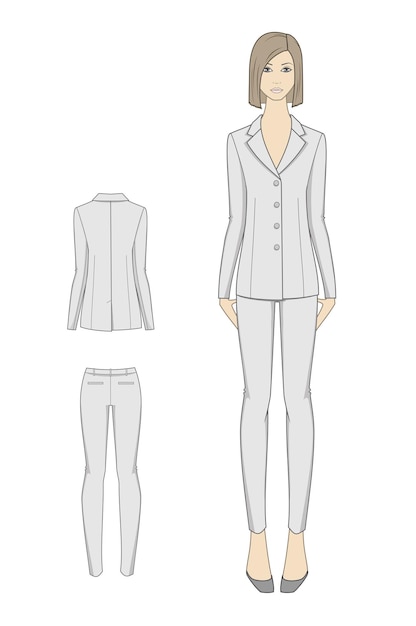 Vector boceto de moda de traje de negocios para mujer ilustración vectorial delantera y trasera