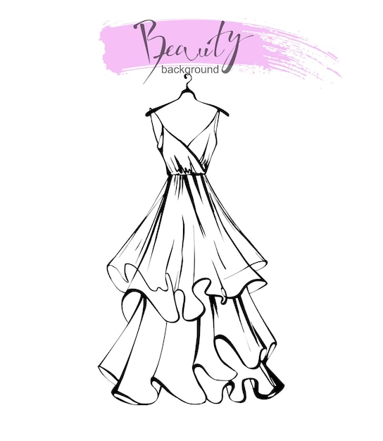 Boceto de moda de un vestido de mujer hermosa. Vestido de boda. Plantilla de vector.