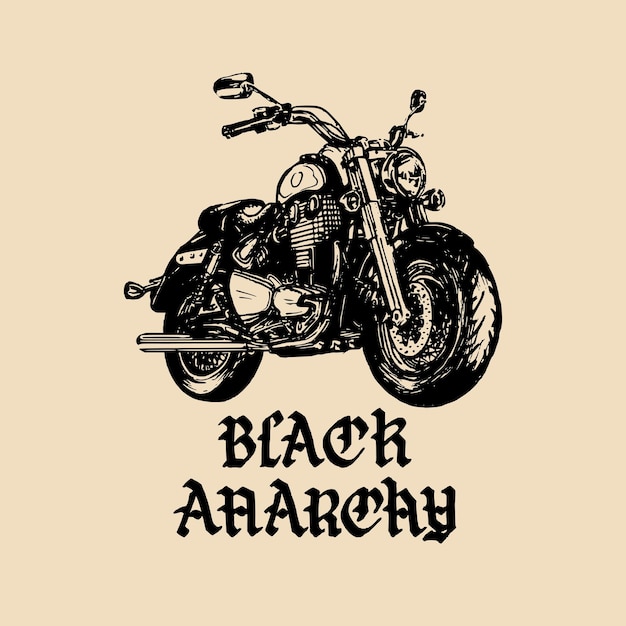Boceto de motocicleta vectorial con letras manuscritas góticas Black Anarchy Ilustración detallada para el logotipo de motociclista Cartel vintage con helicóptero personalizado
