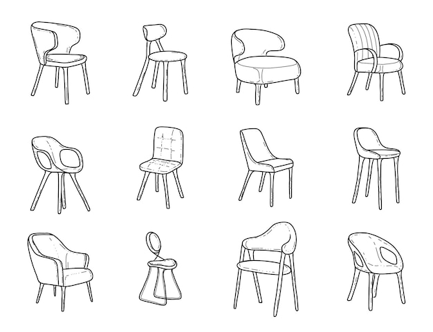 Un boceto de muebles tapizados para la sala de estar, sillones, sofás, sillas dibujadas a mano.