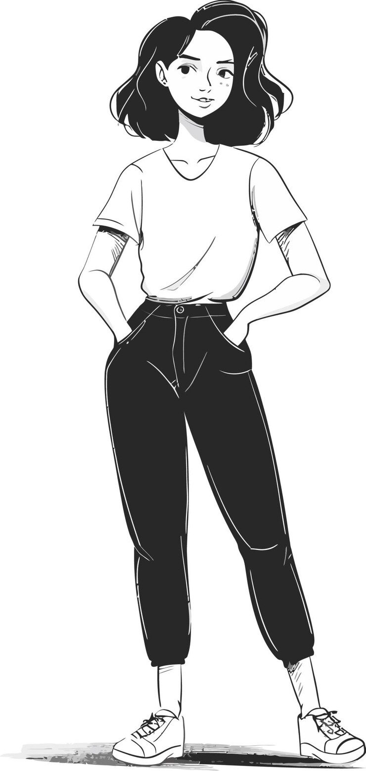 Vector un boceto de una mujer en una camisa blanca con un cinturón negro