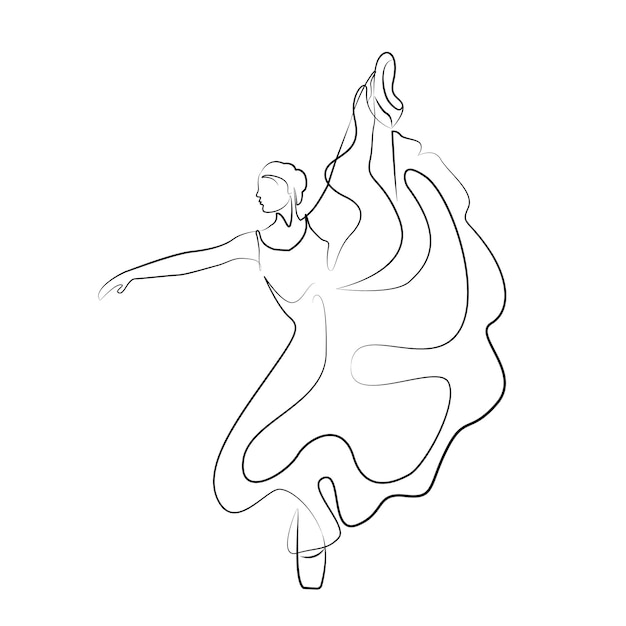 Boceto de una mujer en un vestido ballet pose bailarina gimnasta arte lineal arte continuo icono chica aislada en blanco