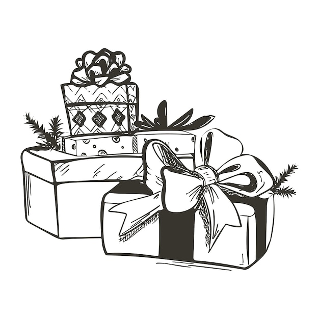 Boceto de Navidad dibujado a mano con cajas de regalo