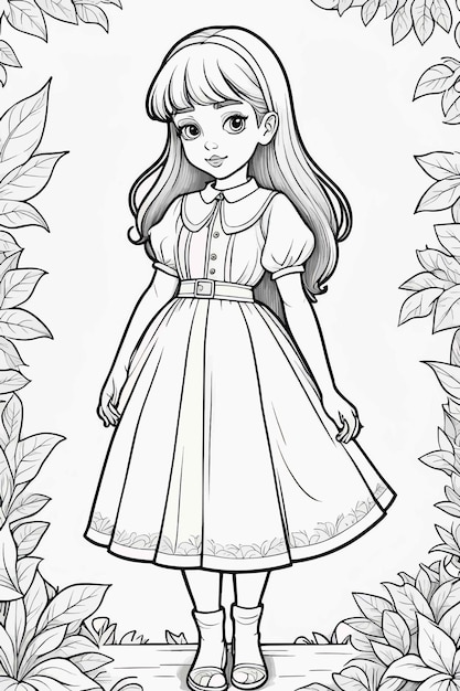 boceto de niña con vestido vintage con floresboceto de niña con vestido vintage con floreslinda niña