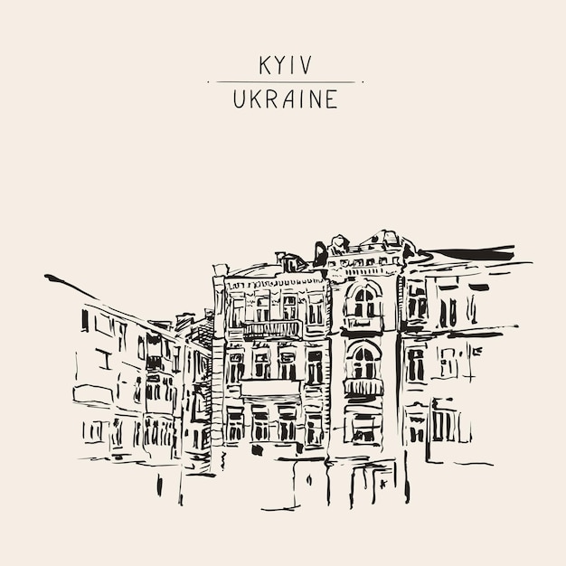 Boceto original del paisaje de la ciudad de Kiev Ucrania con inscripción manuscrita