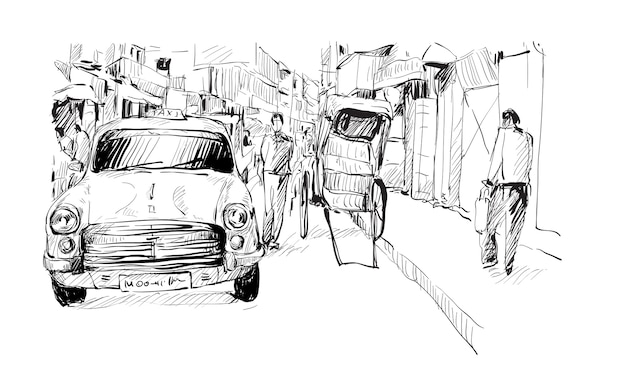 Boceto del paisaje urbano en la India muestra un taxi local y un rickshaw tradicional tirado a mano en la calle