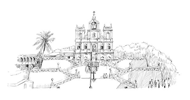 Vector boceto del paisaje urbano en la india muestran la iglesia de maría inmaculada concepción en panaji goa