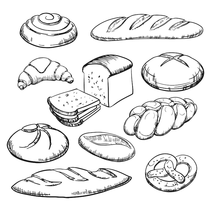 Vector boceto de pan con garabatos tipos de pan vector panadería bagels y galletas aisladas en un blanco