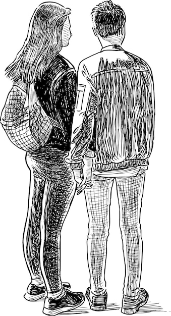 Boceto de pareja de estudiantes en un paseo juntos ilustración vectorial dibujada a mano aislada en blanco