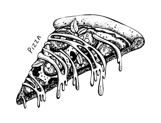 Boceto de pizza Comida italiana Pasteles rellenos salami queso elástico dibujado a mano ilustración vectorial