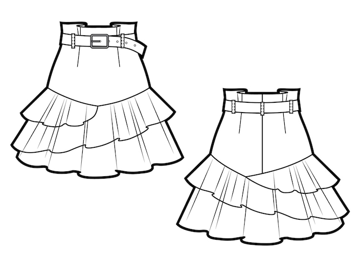 Vector boceto plano de falda multicapa plantilla de vector de dibujos técnicos de moda de falda