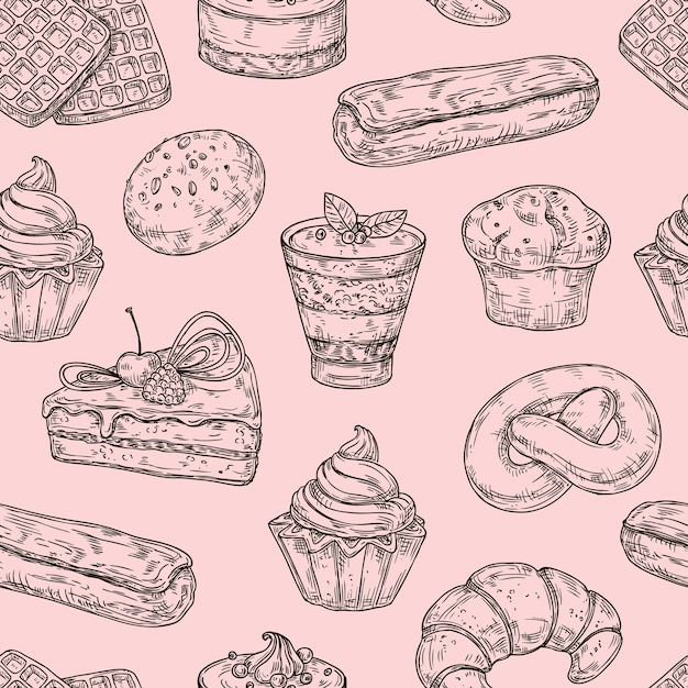 Boceto postre de patrones sin fisuras Comida rápida y pasteles dulces dibujados a mano panadería pastelería cupcakes y pastel vintage grabado neotérico vector impresión