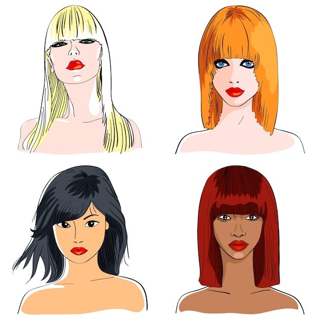 Vector boceto de primer plano de color de hermosas chicas jóvenes de diferentes nacionalidades, cabello con flequillo, mirada seria