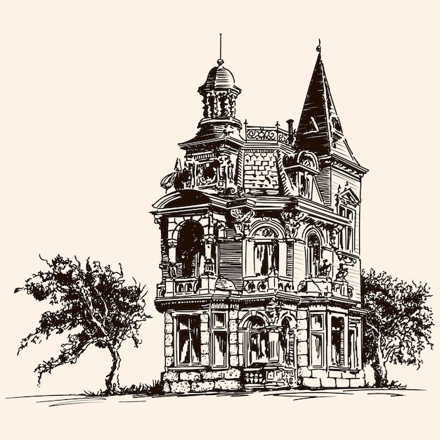 Un boceto rápido a lápiz de un edificio de ladrillo victoriano clásico con torres