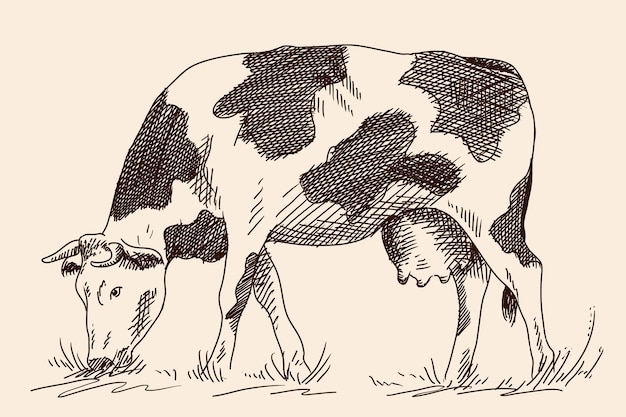 Un boceto rápido a lápiz a mano alzada de una vaca se encuentra en el pasto y come hierba.