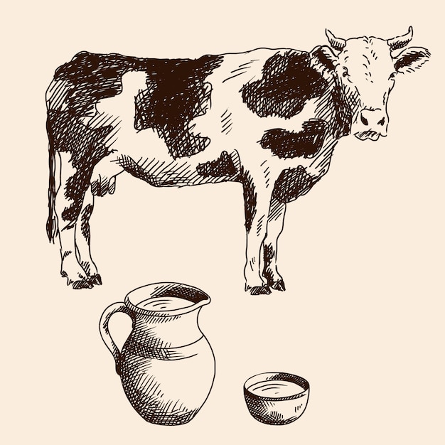 Un boceto rápido a lápiz a mano alzada de una vaca y una jarra de leche y un tazón