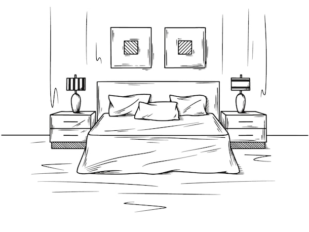 Boceto realista del dormitorio. Boceto dibujado a mano del interior. ilustración