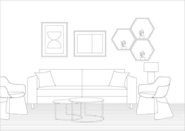 Un boceto de una sala de estar con un sofá y una mesa de café con un reloj.