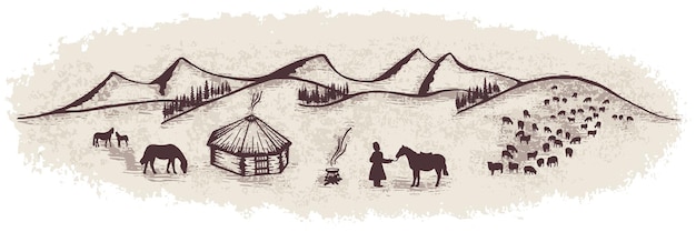 Boceto sobre el tema de la vida en Altai vida de nómadas de Siberia ilustración vectorial