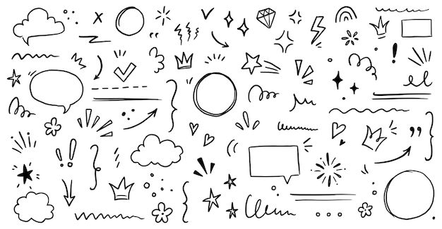 Boceto subrayado énfasis conjunto de formas de flecha Trazo de pincel dibujado a mano resaltar burbuja de diálogo subrayar elemento de brillo Vector