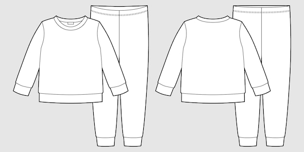 Boceto técnico de ropa de pijama. pantalón y sudadera de algodón para niños. plantilla de diseño de ropa de noche de contorno de niños