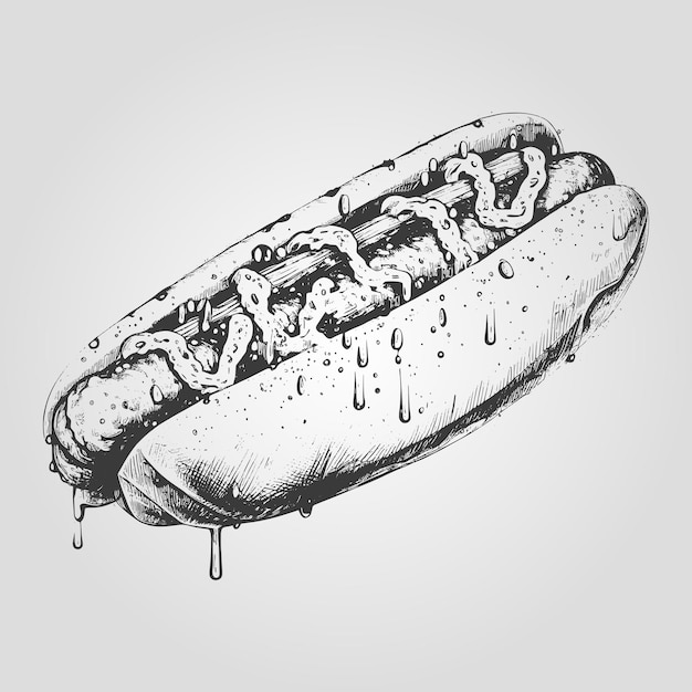 Boceto de tinta dibujado Elemento de comida de perro caliente para el diseño de menú o letrero Ilustración vectorial