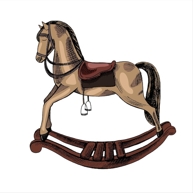Un boceto de tinta dibujado a mano de un caballo mecedor de bebé de madera vintage Esquema ilustración vintage
