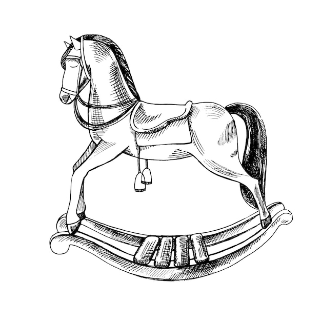 Un boceto de tinta dibujado a mano de un caballo mecedor de bebé de madera vintage en vector