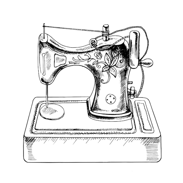 Un boceto de tinta dibujado a mano de una máquina de coser vintage Ilustración del esquema