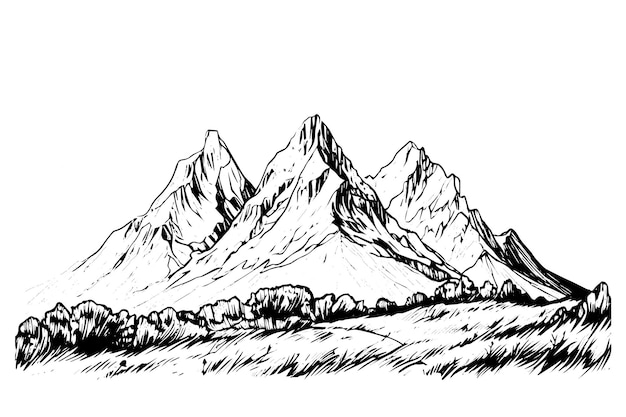 Boceto de tinta dibujado a mano del paisaje de montaña Ilustración de vector de logotipo de estilo grabado