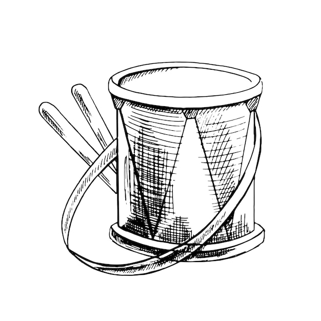Un boceto de tinta dibujado a mano de un tambor de juguete vintage con baquetas en ilustración vectorial