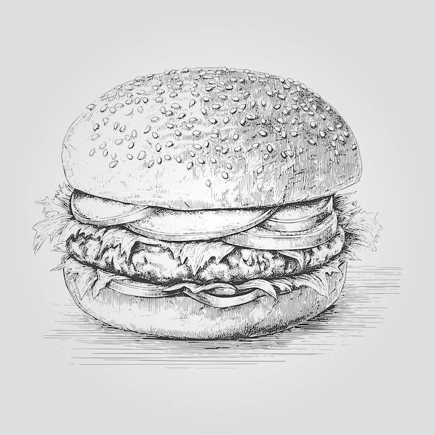 Vector boceto de tinta hamburguesa dibujada elemento de comida para menú o diseño de letrero ilustración vectorial