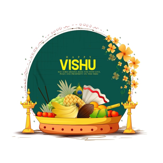 Vector boceto vectorial del festival de kerala con vishu kani vishu flor frutas y verduras en un recipiente