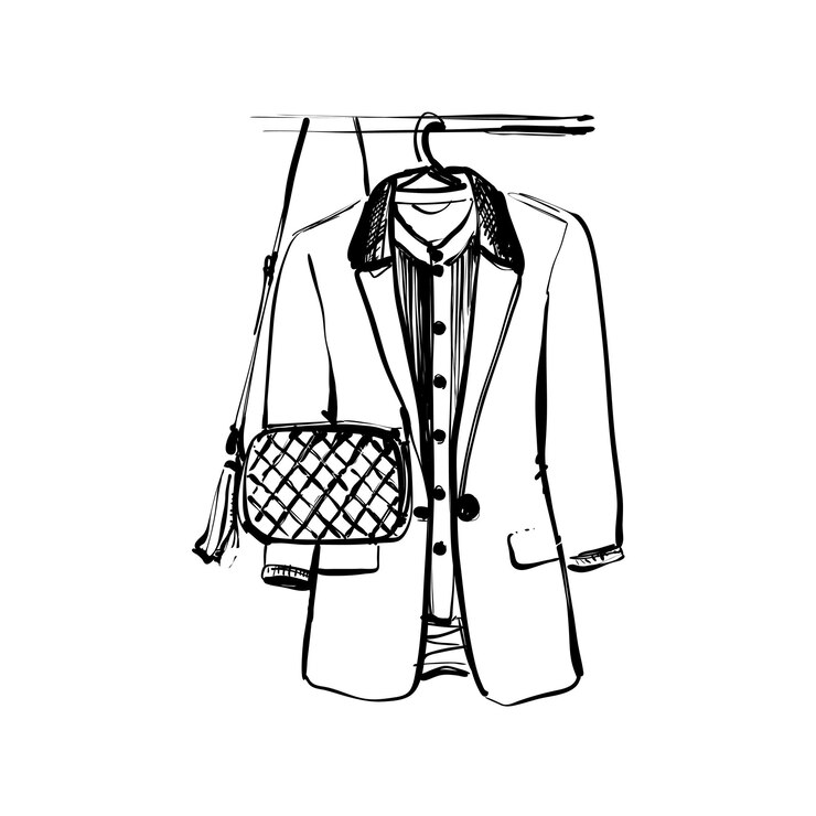 Boceto de vestuario Chaqueta y bolso sobre el hambre.