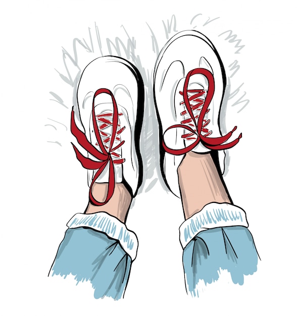 Vector boceto de zapatillas con cordones rojos.