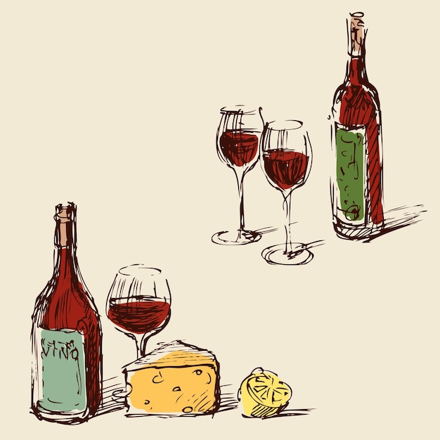 Bocetos de las botellas de vino con las copas de vino.
