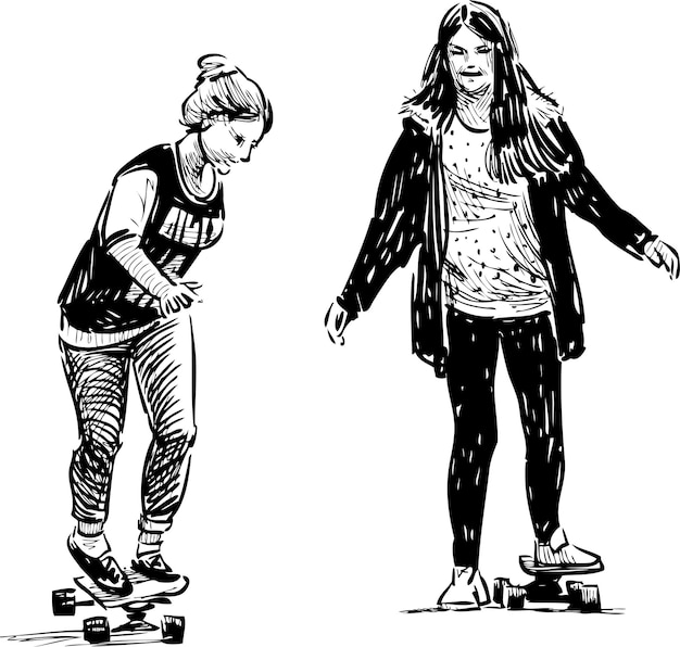 Bocetos de chicas adolescentes entrenando en patinetas