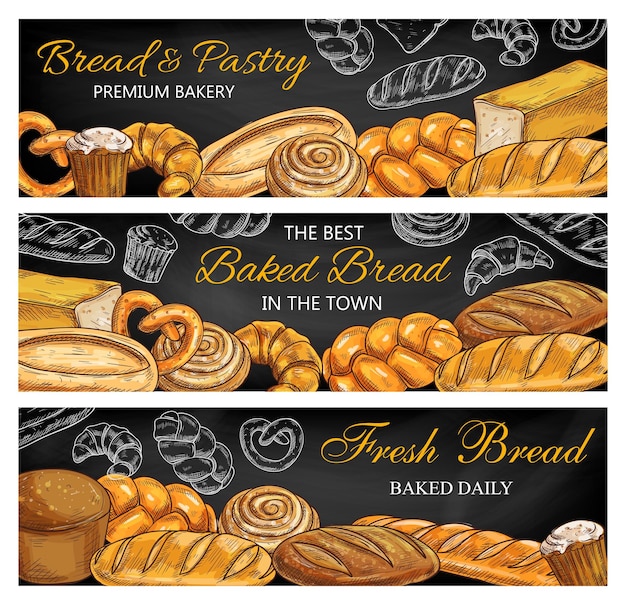 Vector bocetos de comida de pastelería de pan en pancartas de pizarra