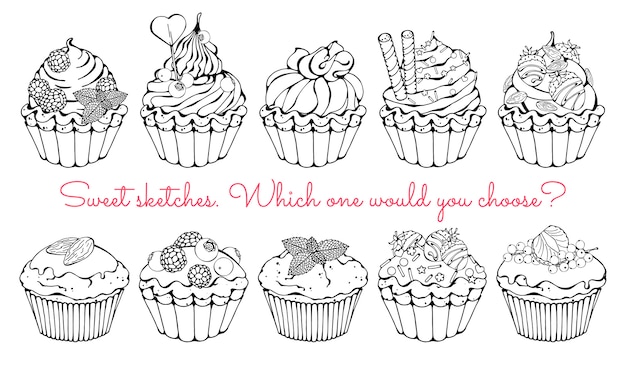 Bocetos de diferentes tipos de cestas dulces y cupcakes.