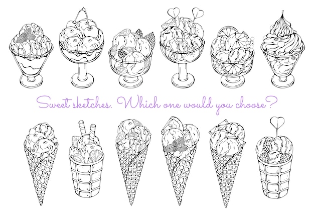 Bocetos de diferentes tipos de helados.